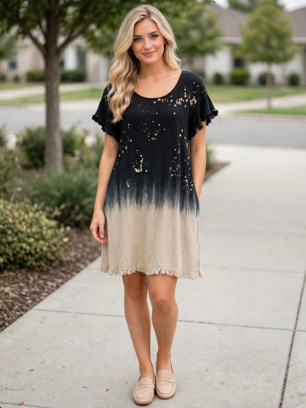 UMGEE Black Beige Ombre Tie-Dye Shift Dress Ruffle Sleeve Size Large